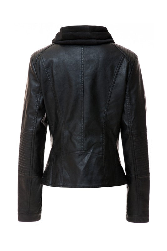 Women's Hooded Vegan Leather Jacket in various colors with detachable hood and stand collar design.