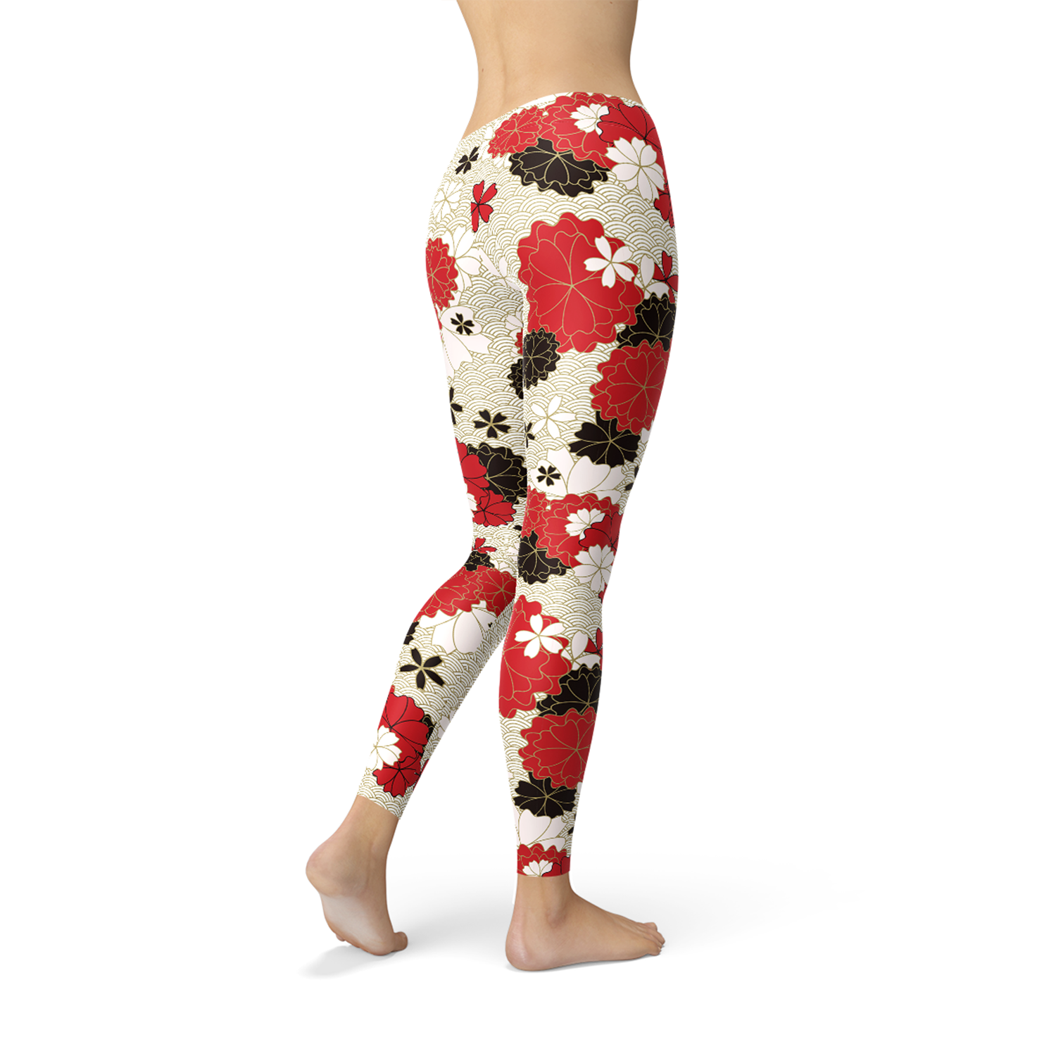 A pair of Women's Japanese Cherry Blossom Leggings featuring a vibrant cherry blossom design, made from a soft and stretchy fabric blend.