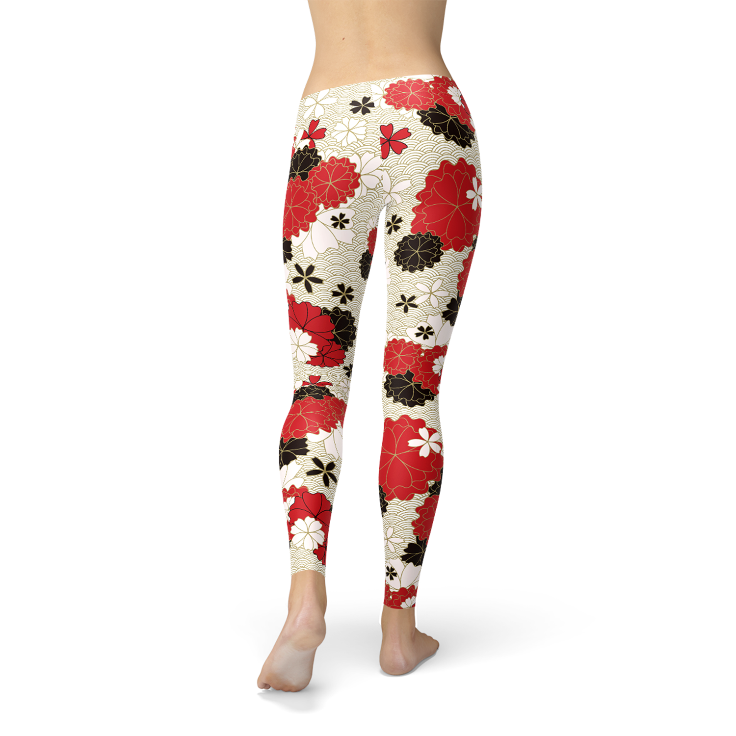 A pair of Women's Japanese Cherry Blossom Leggings featuring a vibrant cherry blossom design, made from a soft and stretchy fabric blend.