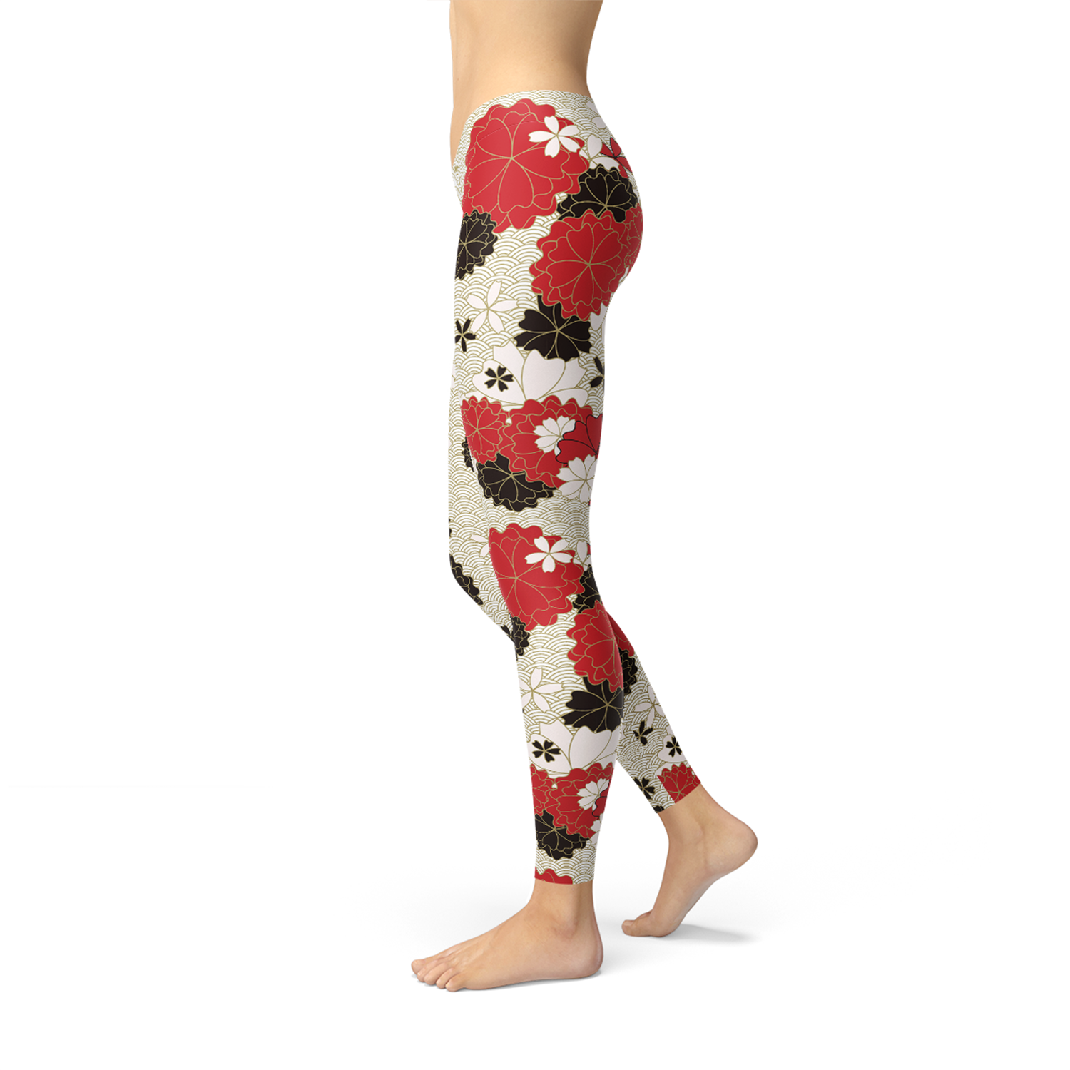 A pair of Women's Japanese Cherry Blossom Leggings featuring a vibrant cherry blossom design, made from a soft and stretchy fabric blend.