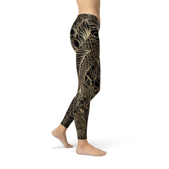 Stylish Womens Koi Fish Black Leggings featuring a vibrant koi fish design, perfect for workouts and casual wear.