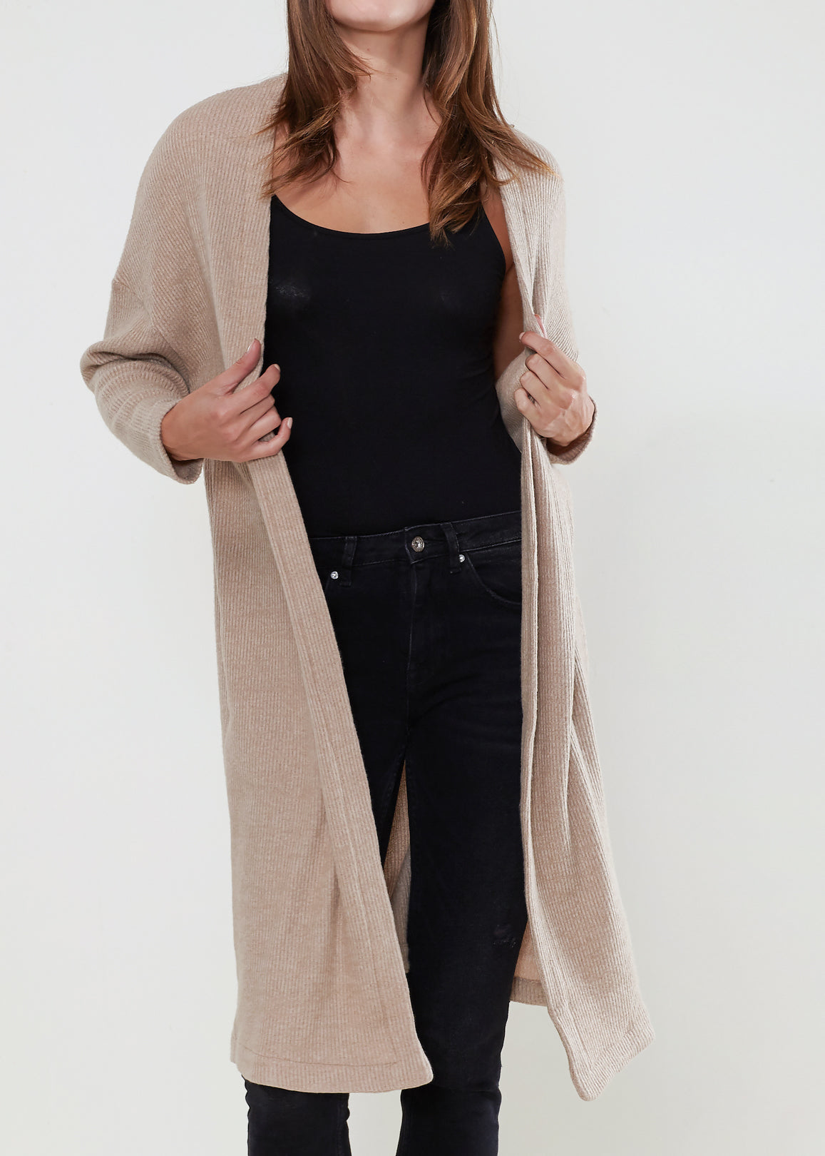 A stylish Women's Long Duster Cardigan featuring an open front design, made from a soft fabric blend, perfect for layering.