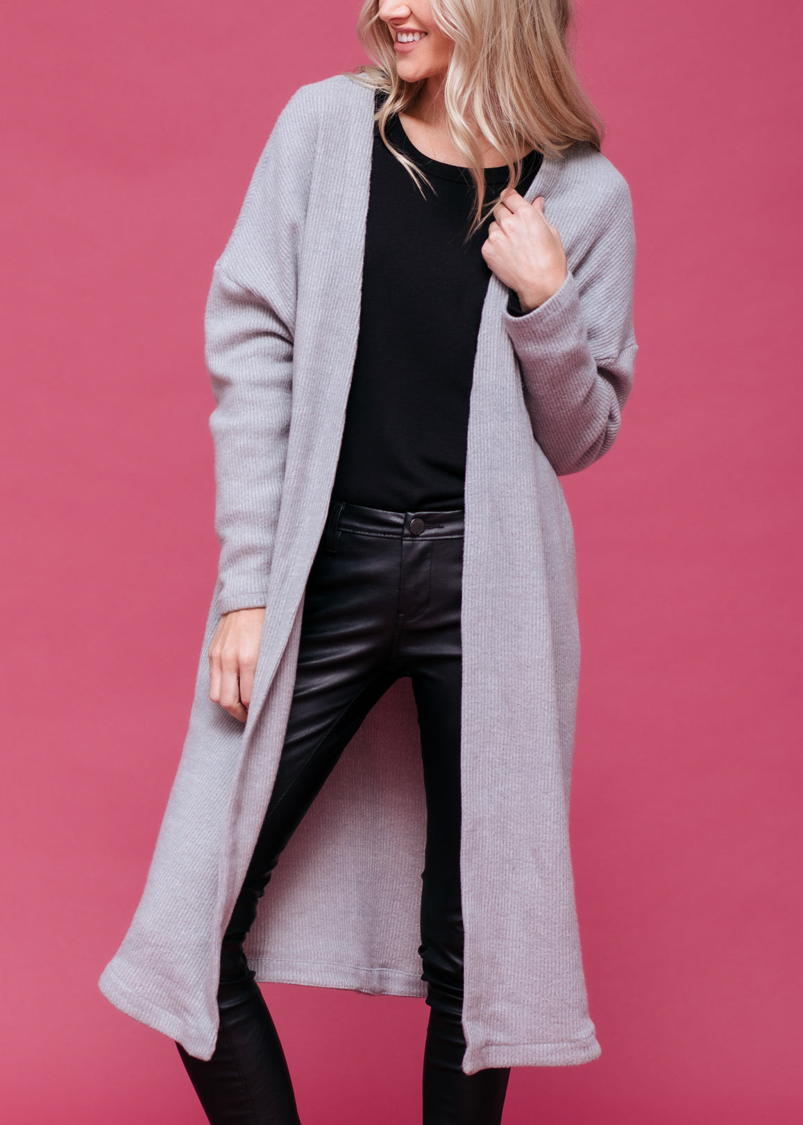 A stylish Women's Long Duster Cardigan featuring an open front design, made from a soft fabric blend, perfect for layering.