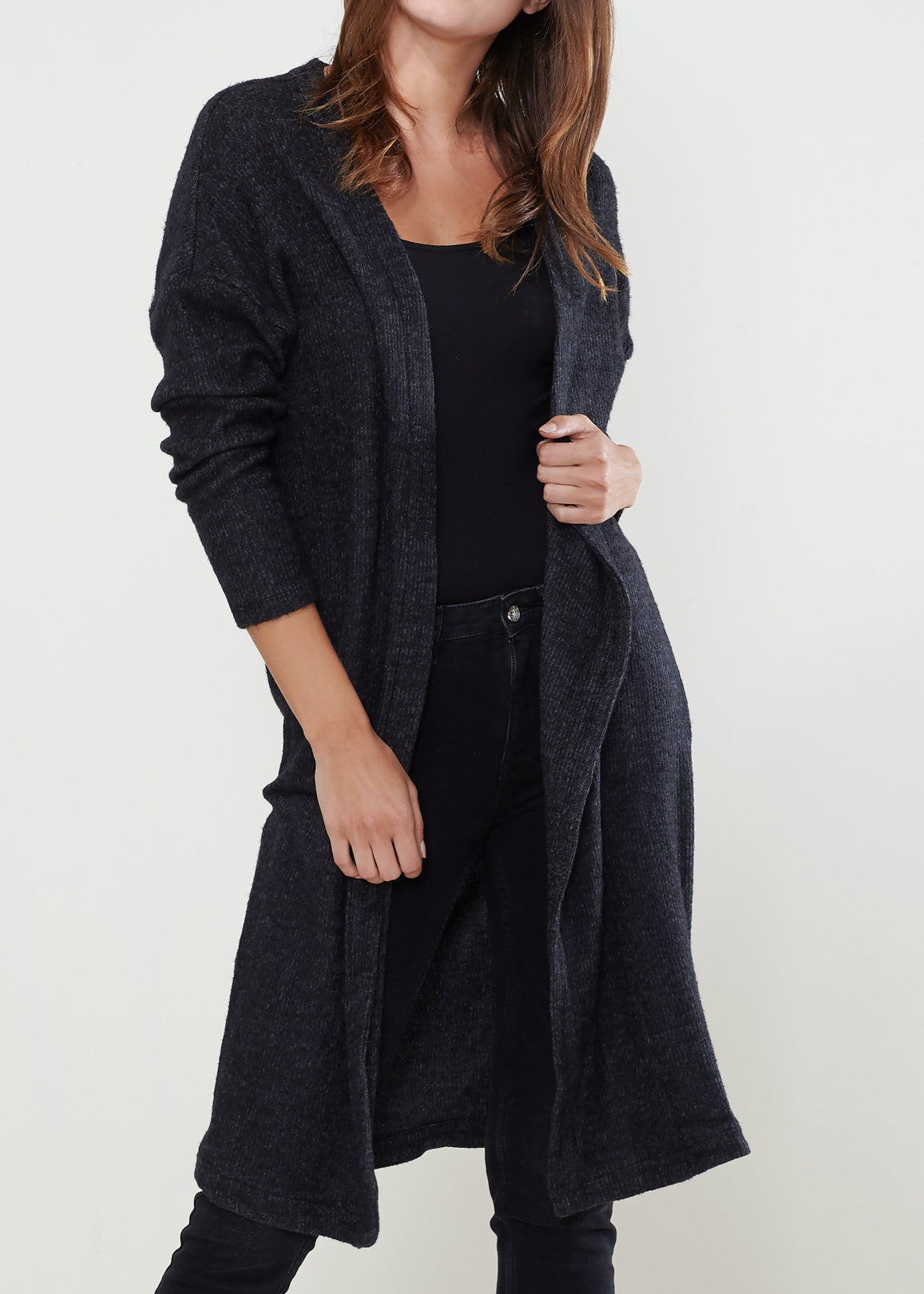 A stylish Women's Long Duster Cardigan featuring an open front design, made from a soft fabric blend, perfect for layering.