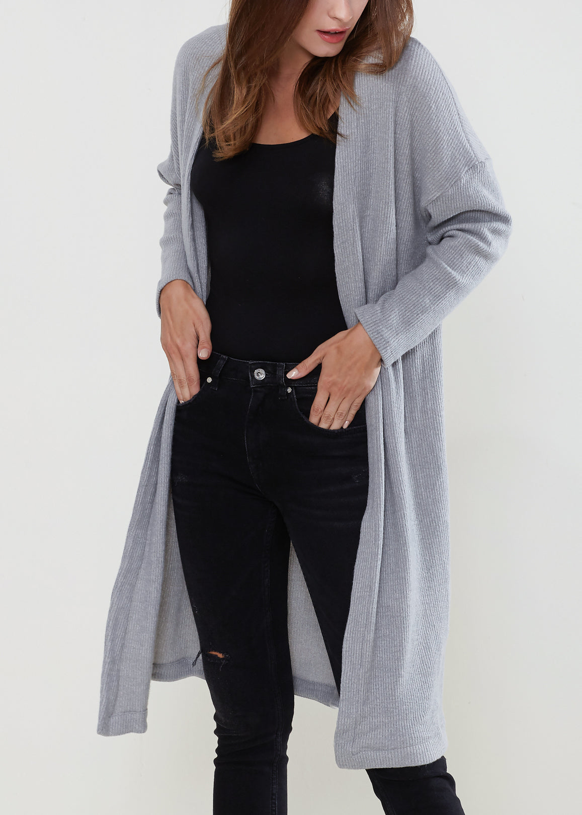 A stylish Women's Long Duster Cardigan featuring an open front design, made from a soft fabric blend, perfect for layering.