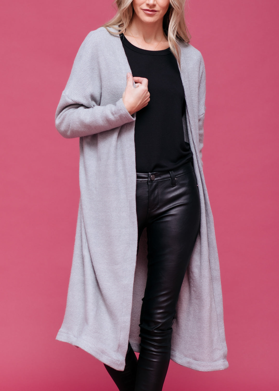 A stylish Women's Long Duster Cardigan featuring an open front design, made from a soft fabric blend, perfect for layering.