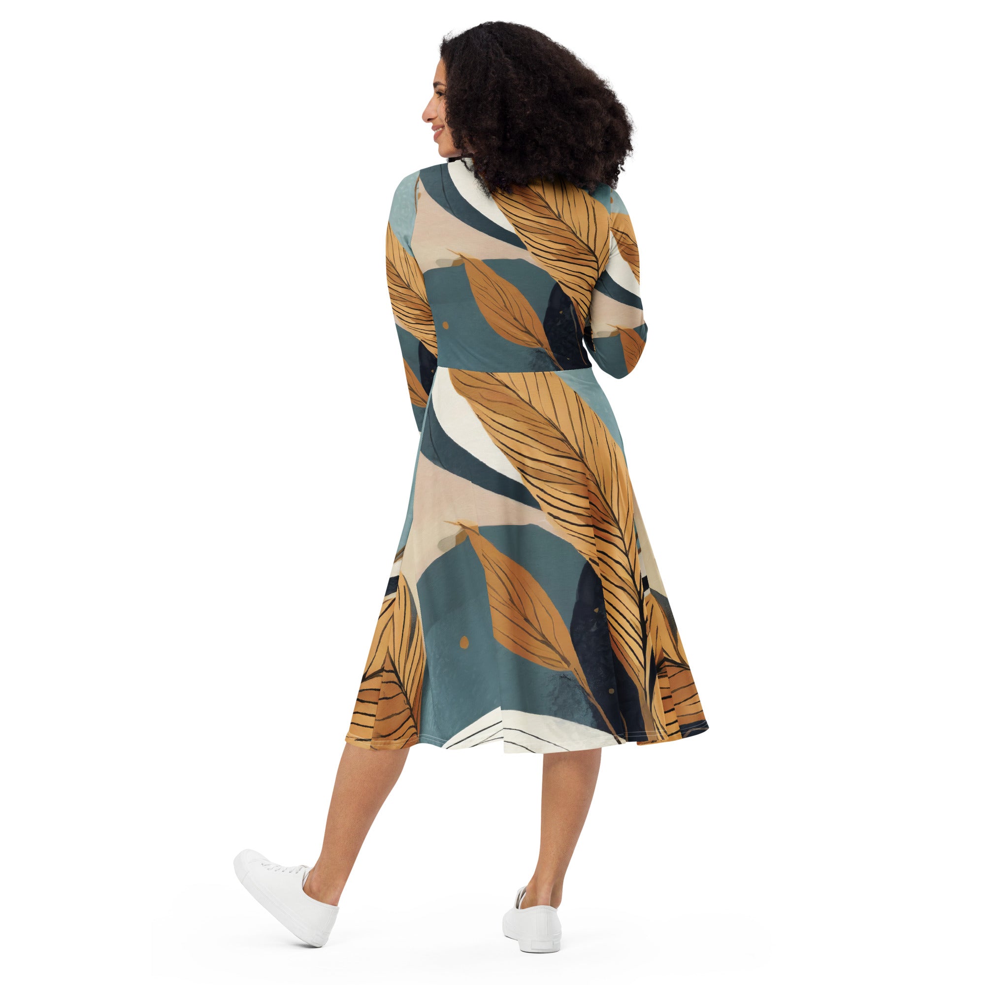 Womens Long Sleeve Midi Dress in Boho Style Print featuring a fitted waist, flared bottom, and side pockets, perfect for casual and formal occasions.