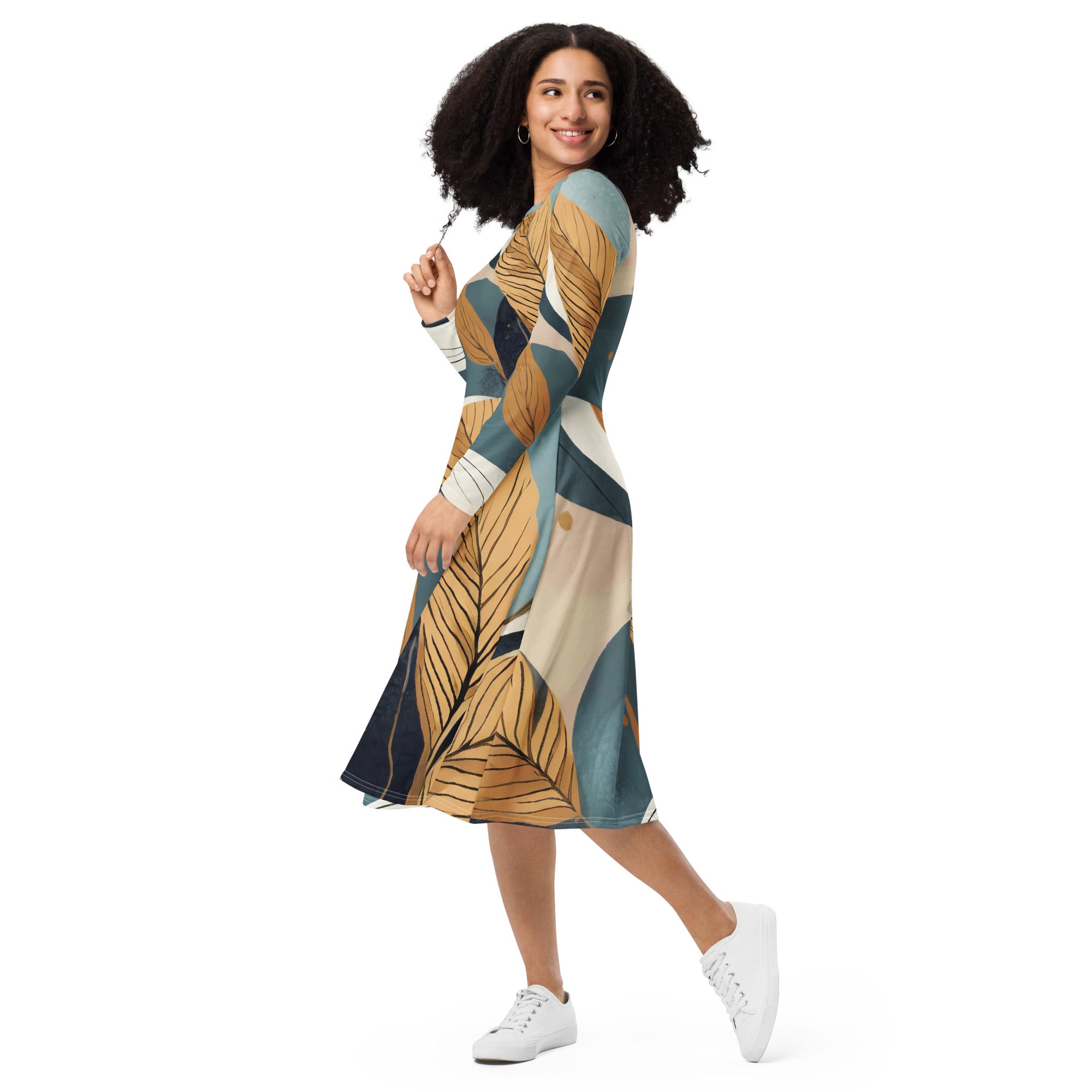 Womens Long Sleeve Midi Dress in Boho Style Print featuring a fitted waist, flared bottom, and side pockets, perfect for casual and formal occasions.