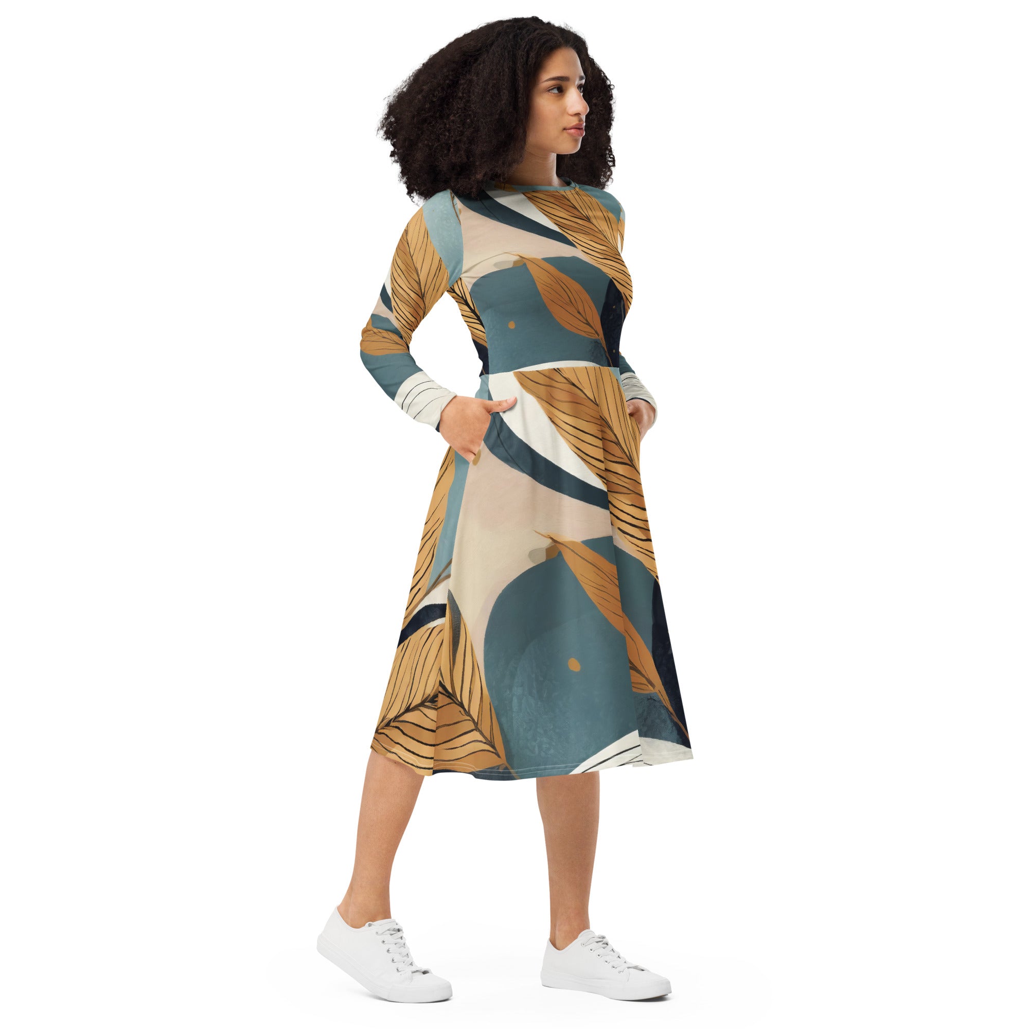 Womens Long Sleeve Midi Dress in Boho Style Print featuring a fitted waist, flared bottom, and side pockets, perfect for casual and formal occasions.