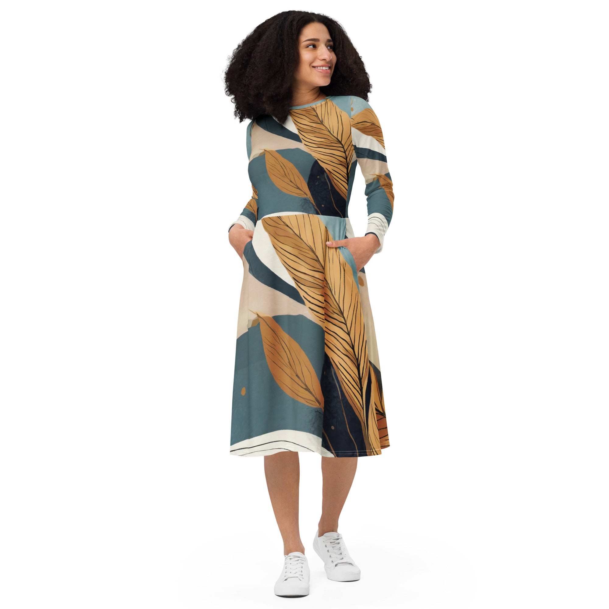 Womens Long Sleeve Midi Dress in Boho Style Print featuring a fitted waist, flared bottom, and side pockets, perfect for casual and formal occasions.