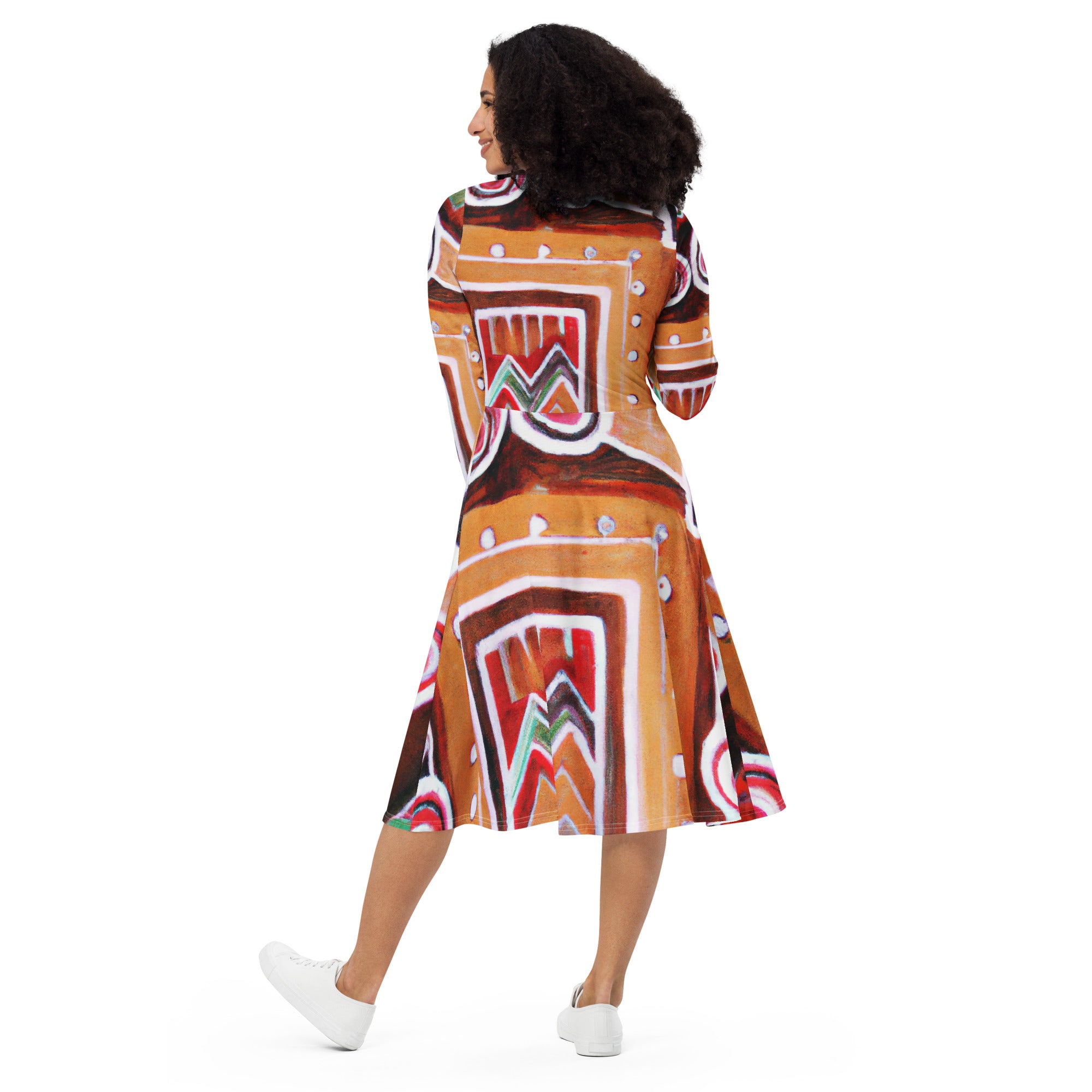 Womens Long Sleeve Midi Dress featuring a Brown Orange Green Aztec Pattern, showcasing its stylish design and comfortable fit.