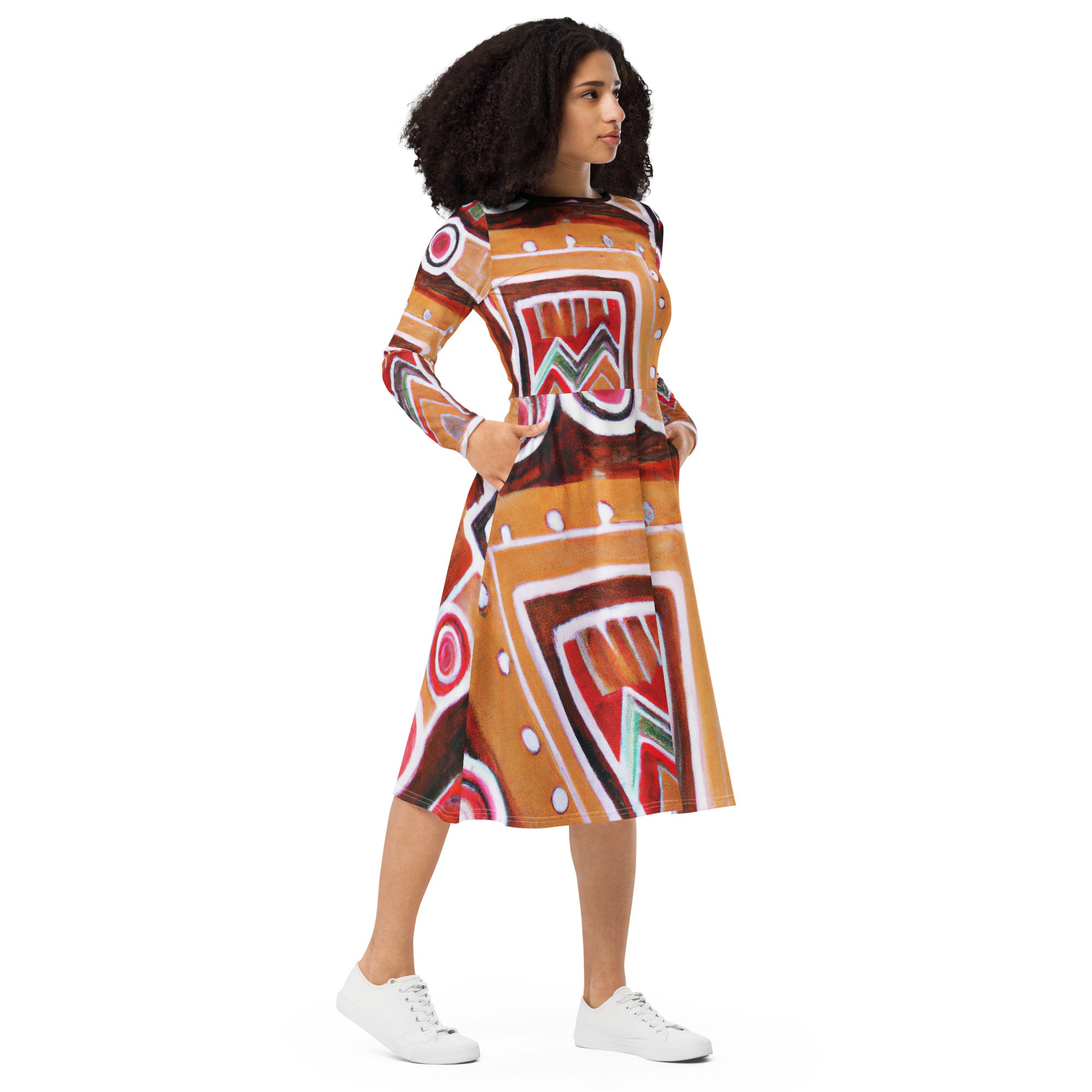 Womens Long Sleeve Midi Dress featuring a Brown Orange Green Aztec Pattern, showcasing its stylish design and comfortable fit.