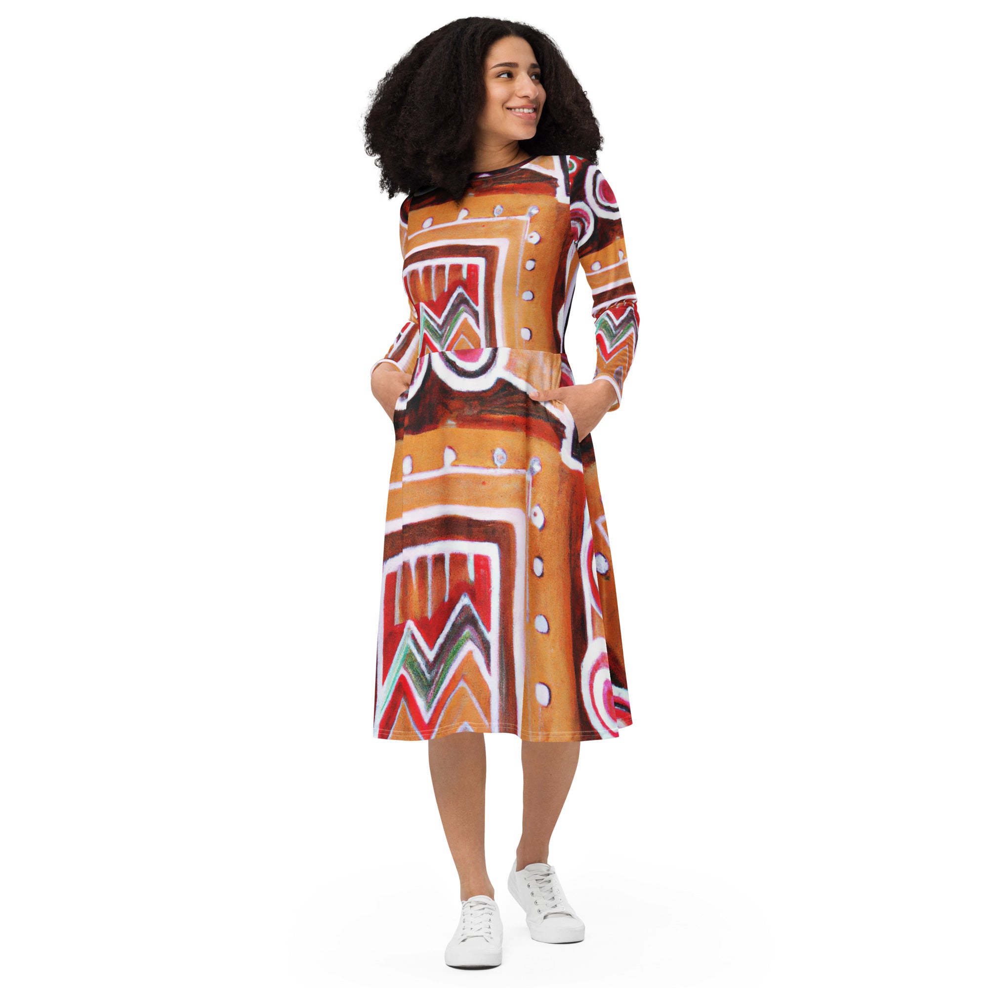 Womens Long Sleeve Midi Dress featuring a Brown Orange Green Aztec Pattern, showcasing its stylish design and comfortable fit.