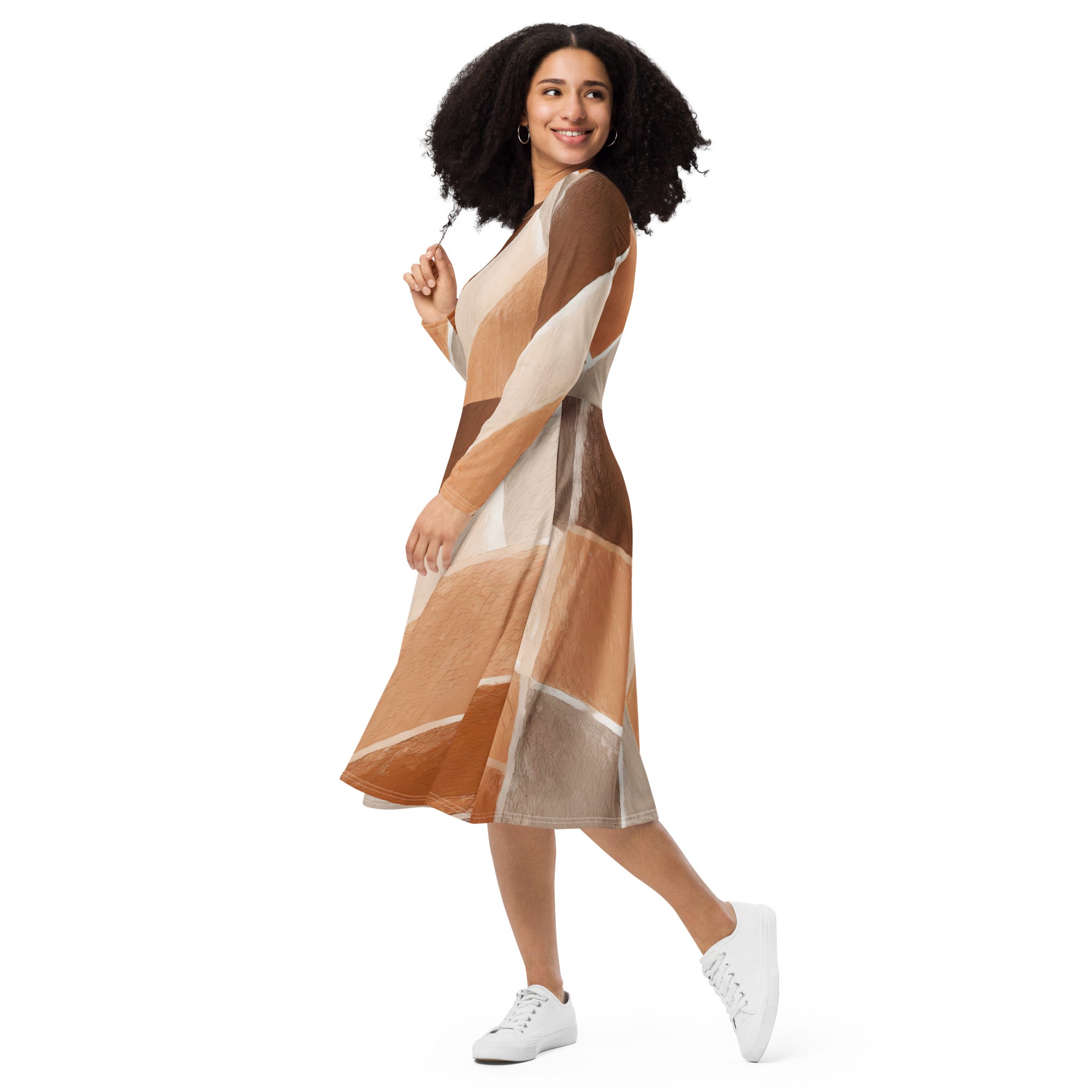 Womens Long Sleeve Midi Dress featuring a brown rustic watercolors print, showcasing a fitted waist, flared bottom, and side pockets.