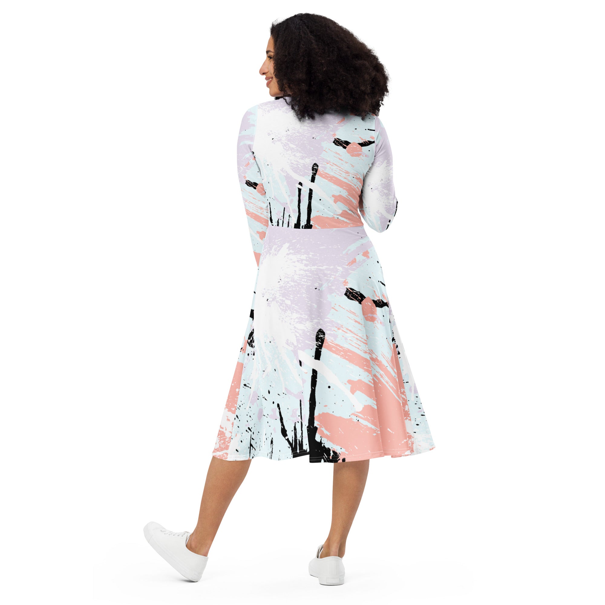 Womens Long Sleeve Midi Dress featuring a pink and black abstract print, showcasing a fitted waist, flared bottom, and side pockets.