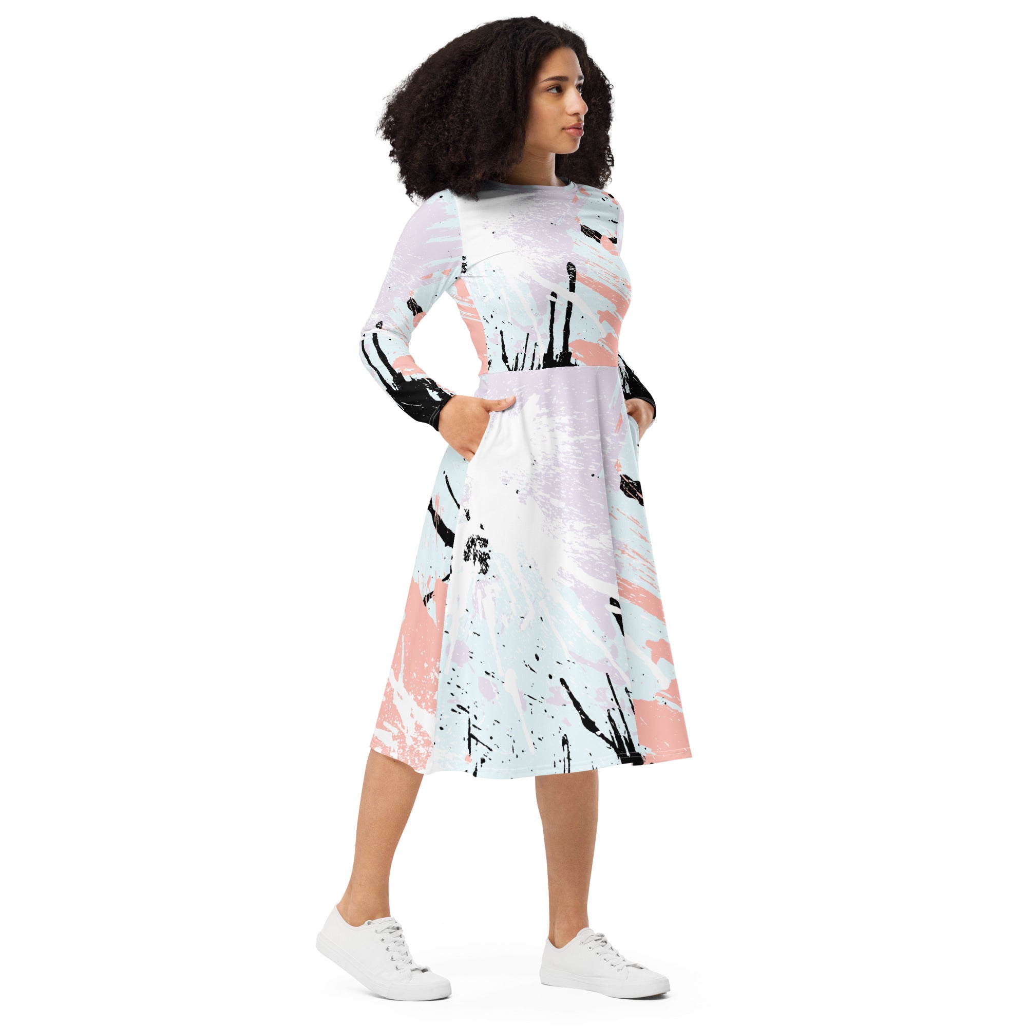 Womens Long Sleeve Midi Dress featuring a pink and black abstract print, showcasing a fitted waist, flared bottom, and side pockets.