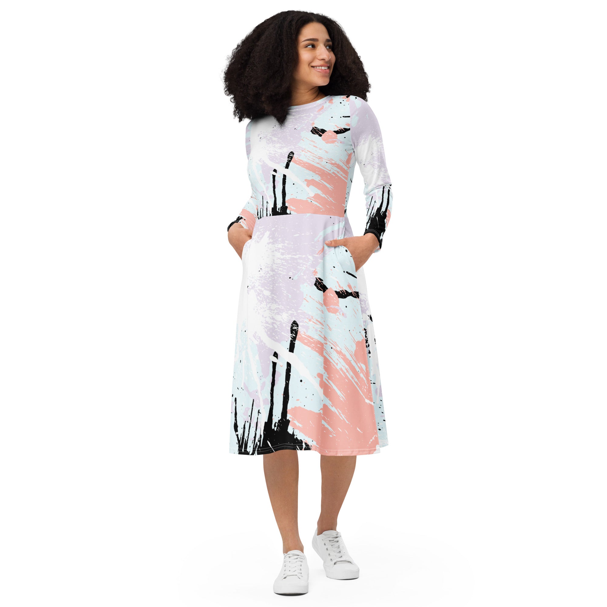 Womens Long Sleeve Midi Dress featuring a pink and black abstract print, showcasing a fitted waist, flared bottom, and side pockets.