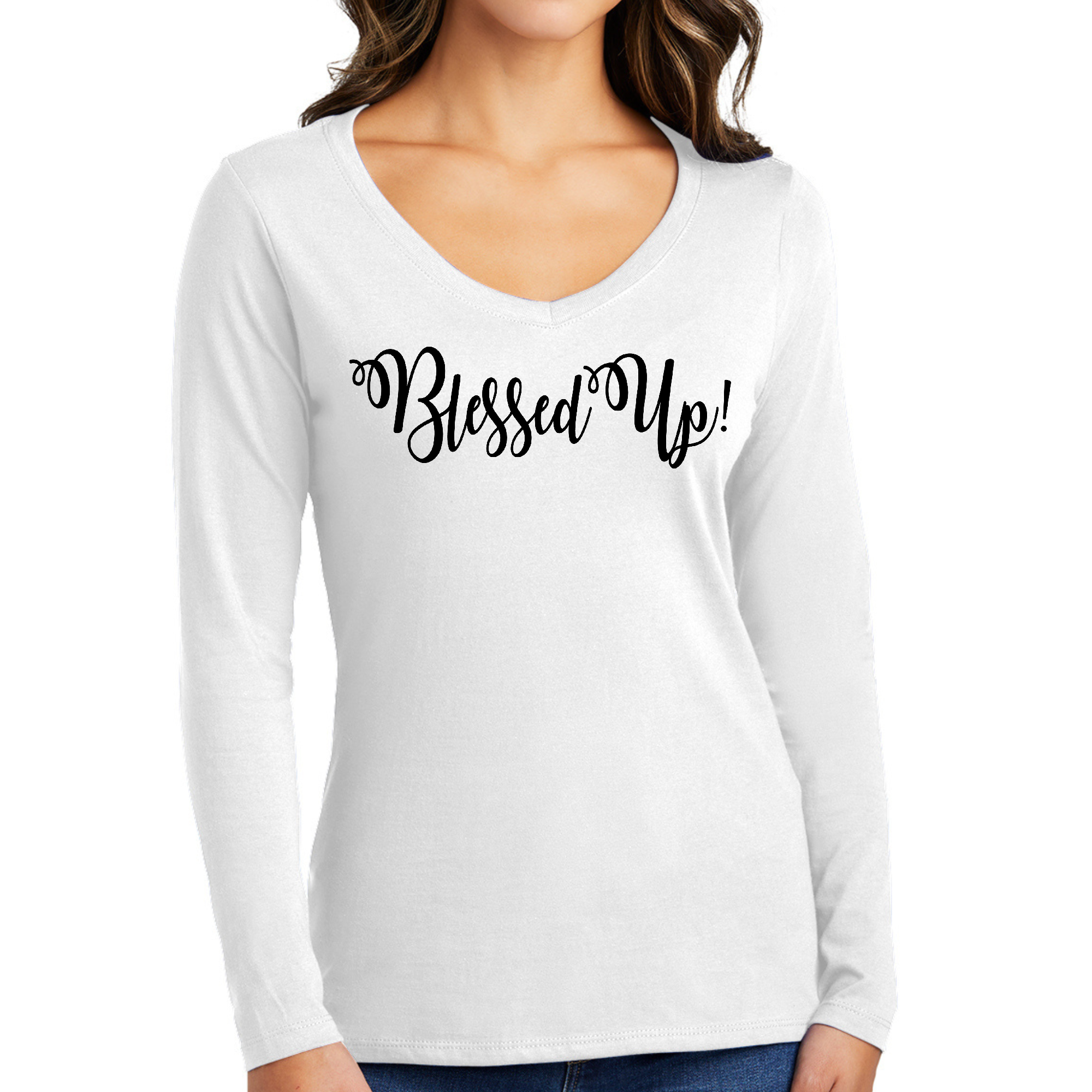 Women's Long Sleeve V-neck Graphic T-shirt in black featuring a motivational 'Blessed Up' quote, made from soft preshrunk cotton.