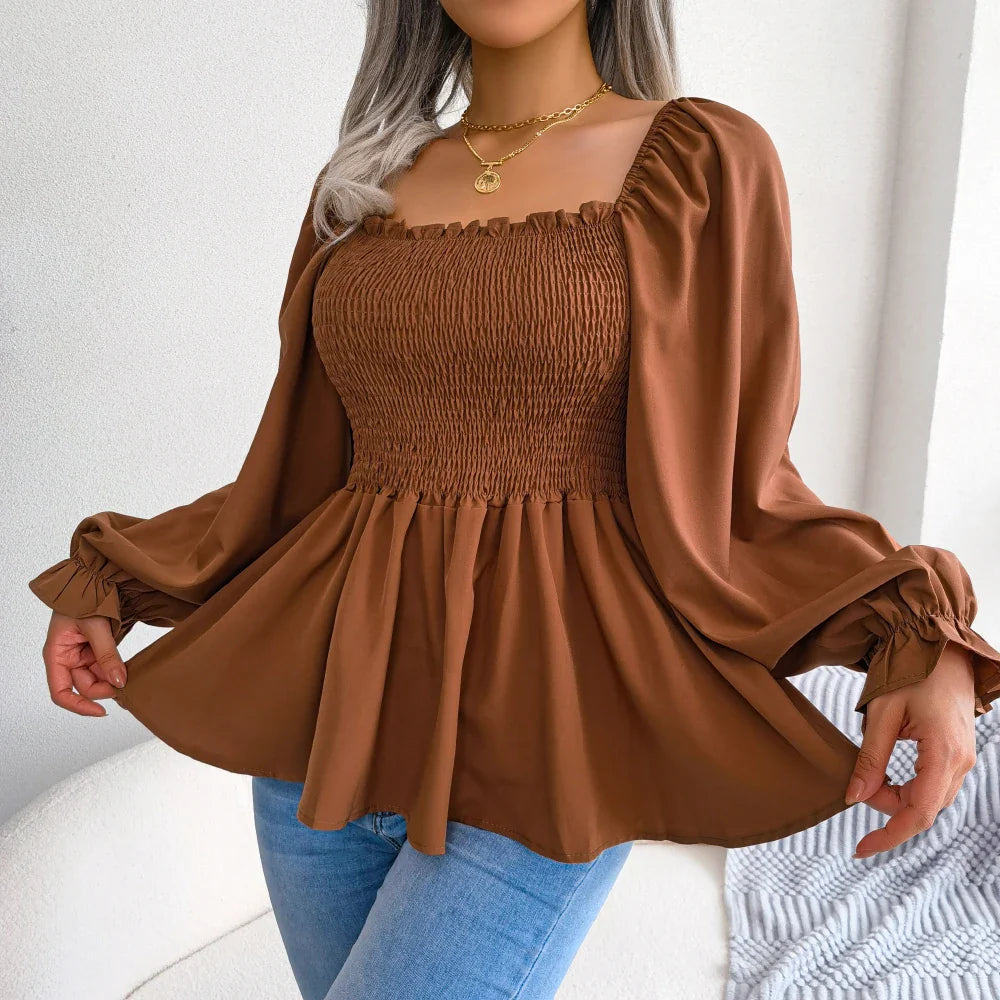 A stylish Women's Loose Fit Chiffon Blouse in various colors, showcasing its elegant design and billowy sleeves.