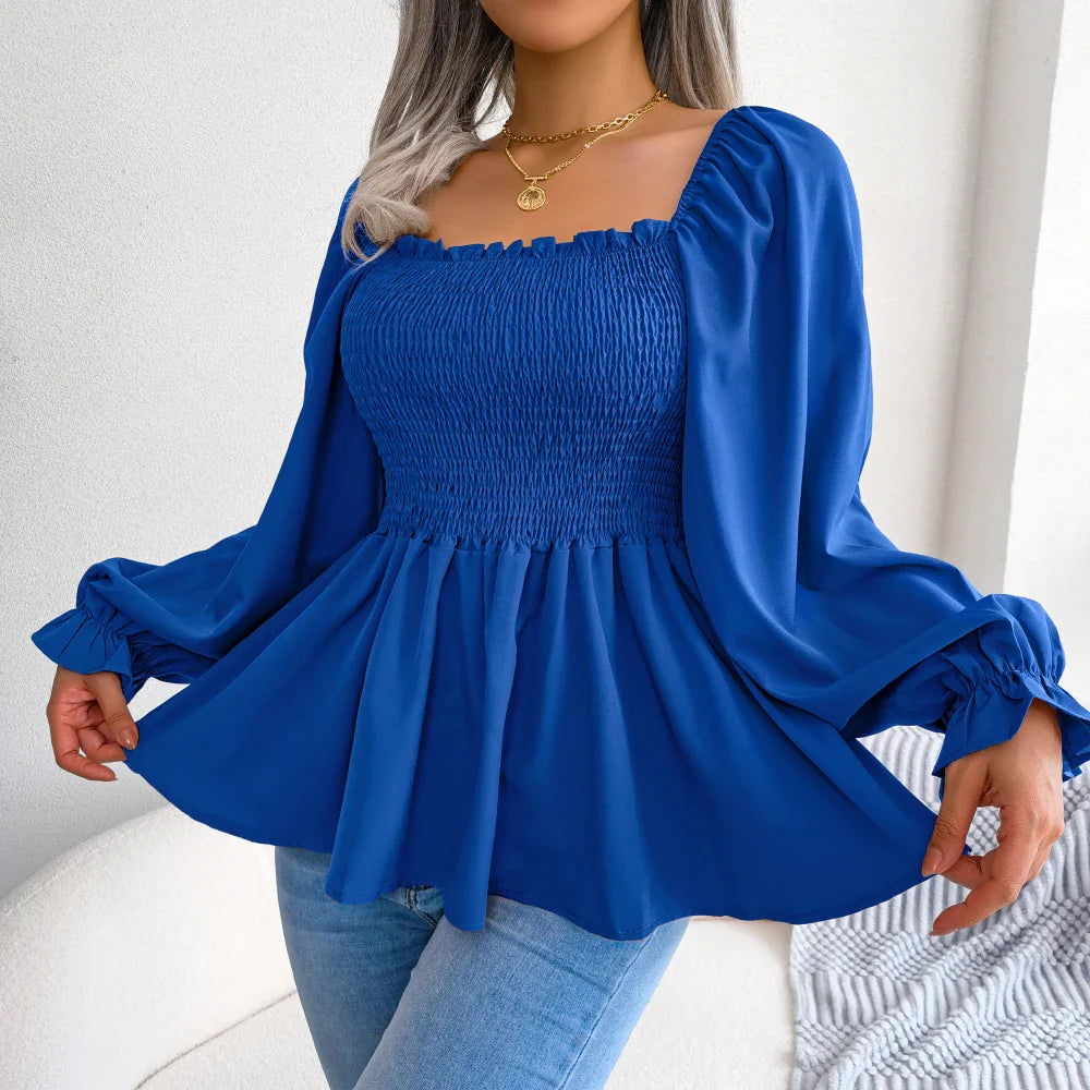 A stylish Women's Loose Fit Chiffon Blouse in various colors, showcasing its elegant design and billowy sleeves.