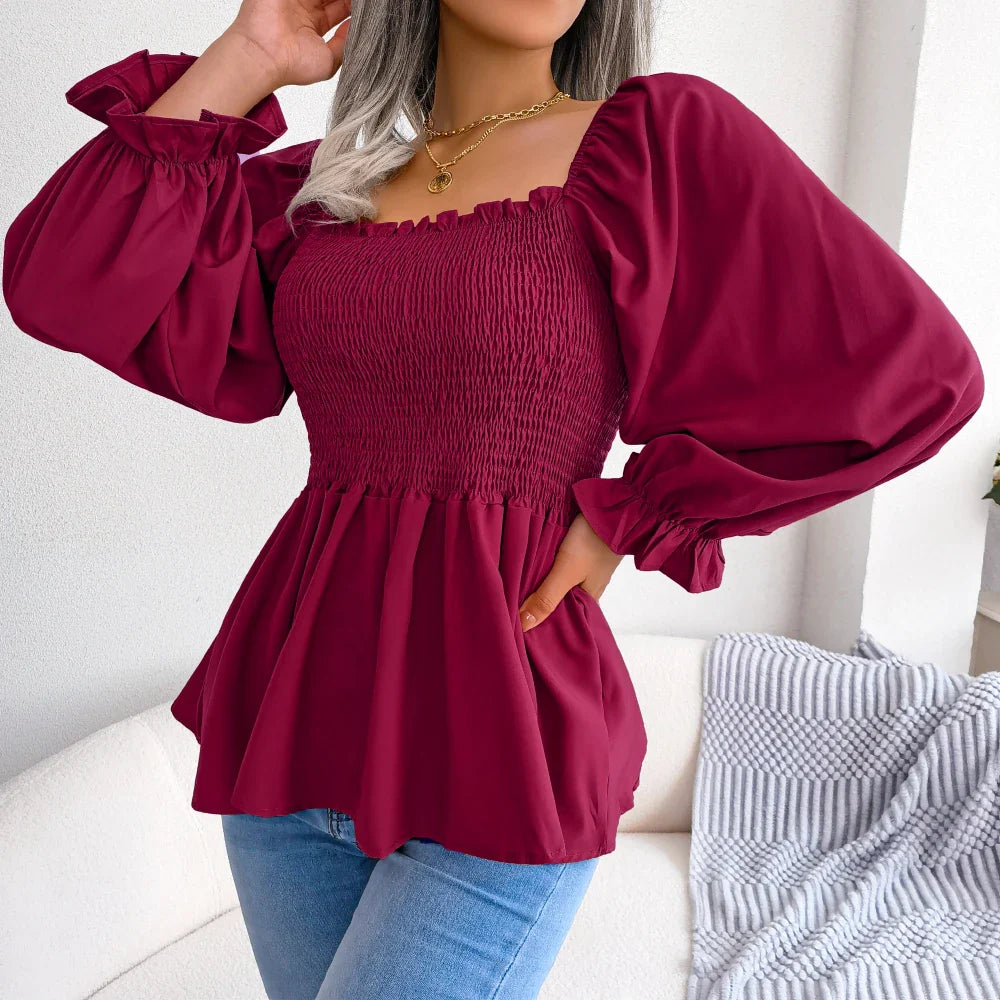 A stylish Women's Loose Fit Chiffon Blouse in various colors, showcasing its elegant design and billowy sleeves.