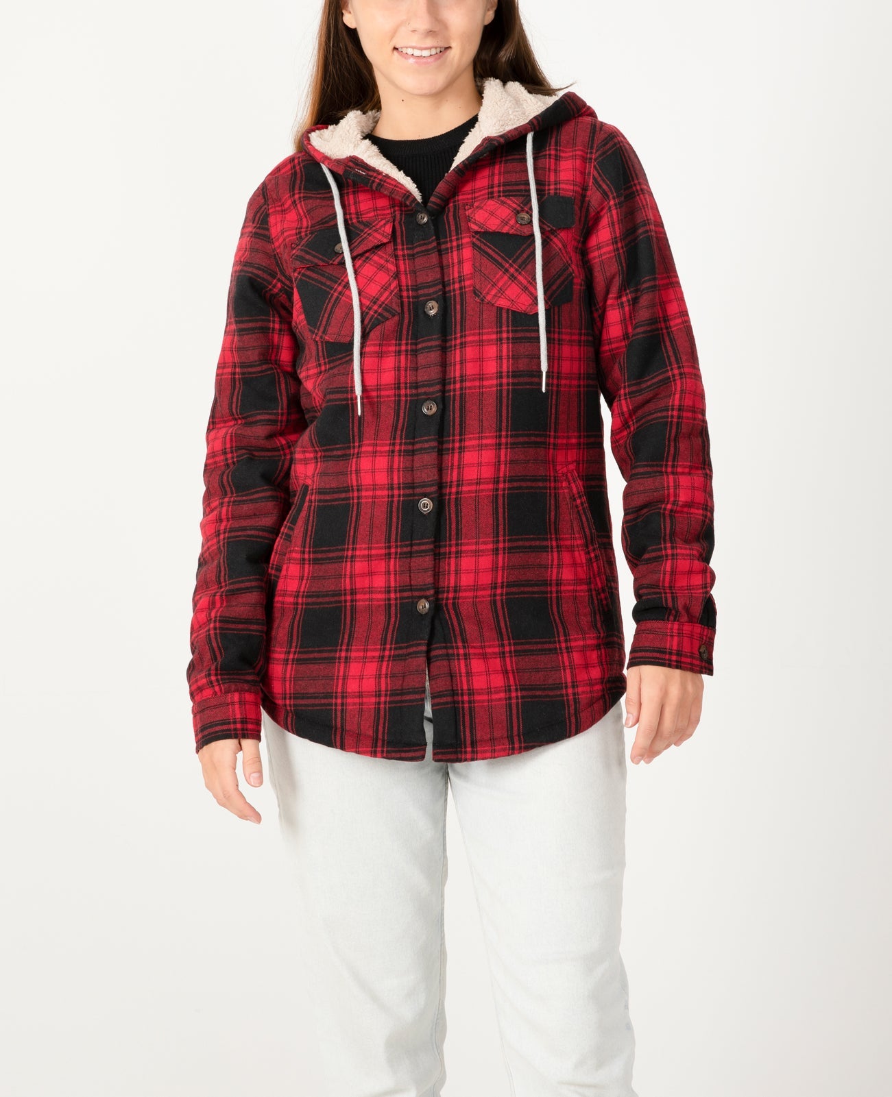 A cozy Women's Matching Family Sherpa Lined Red Flannel Jacket with Hood, featuring a vibrant red plaid pattern and soft sherpa lining.