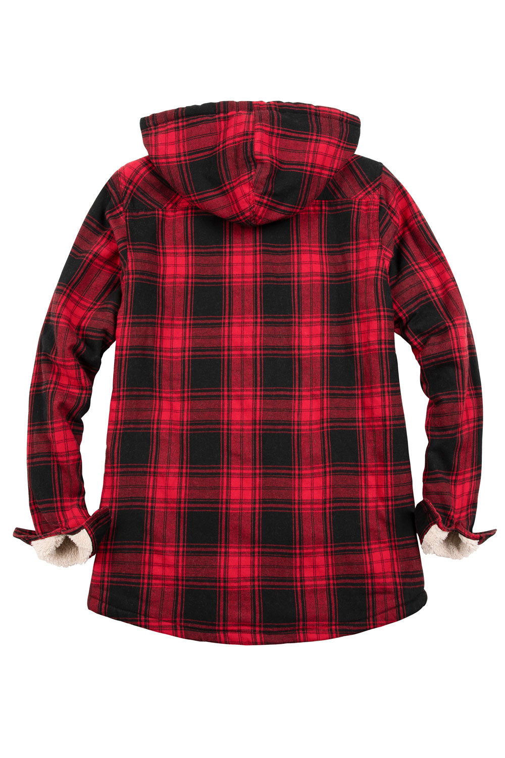 A cozy Women's Matching Family Sherpa Lined Red Flannel Jacket with Hood, featuring a vibrant red plaid pattern and soft sherpa lining.