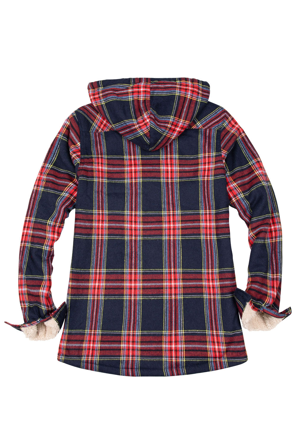 A cozy Women's Matching Family Sherpa Lined Red Flannel Jacket with Hood, featuring a vibrant red plaid pattern and soft sherpa lining.