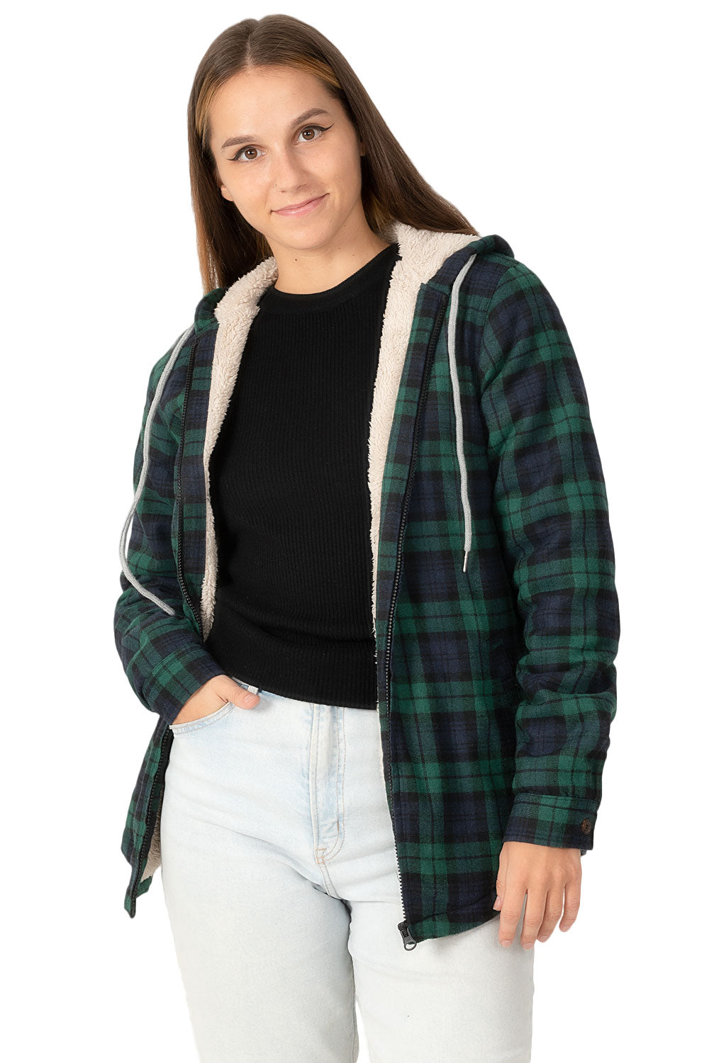 Women's Matching Family Zip Up Green Plaid Flannel Hoodie with sherpa lining, perfect for holiday gatherings and family matching.