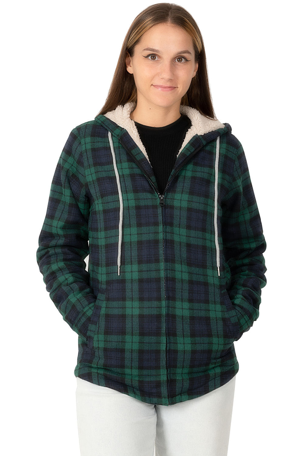 Women's Matching Family Zip Up Green Plaid Flannel Hoodie with sherpa lining, perfect for holiday gatherings and family matching.