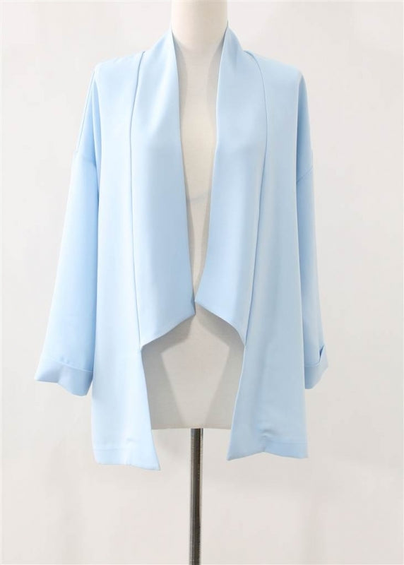 Women's No Buttons Blazer Open Front Cardigan featuring a drop shoulder design and center back seam, made from 100% polyester.