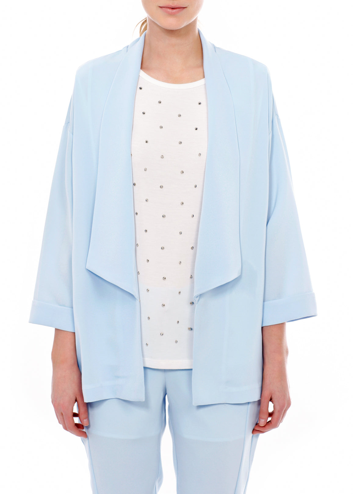 Women's No Buttons Blazer Open Front Cardigan featuring a drop shoulder design and center back seam, made from 100% polyester.