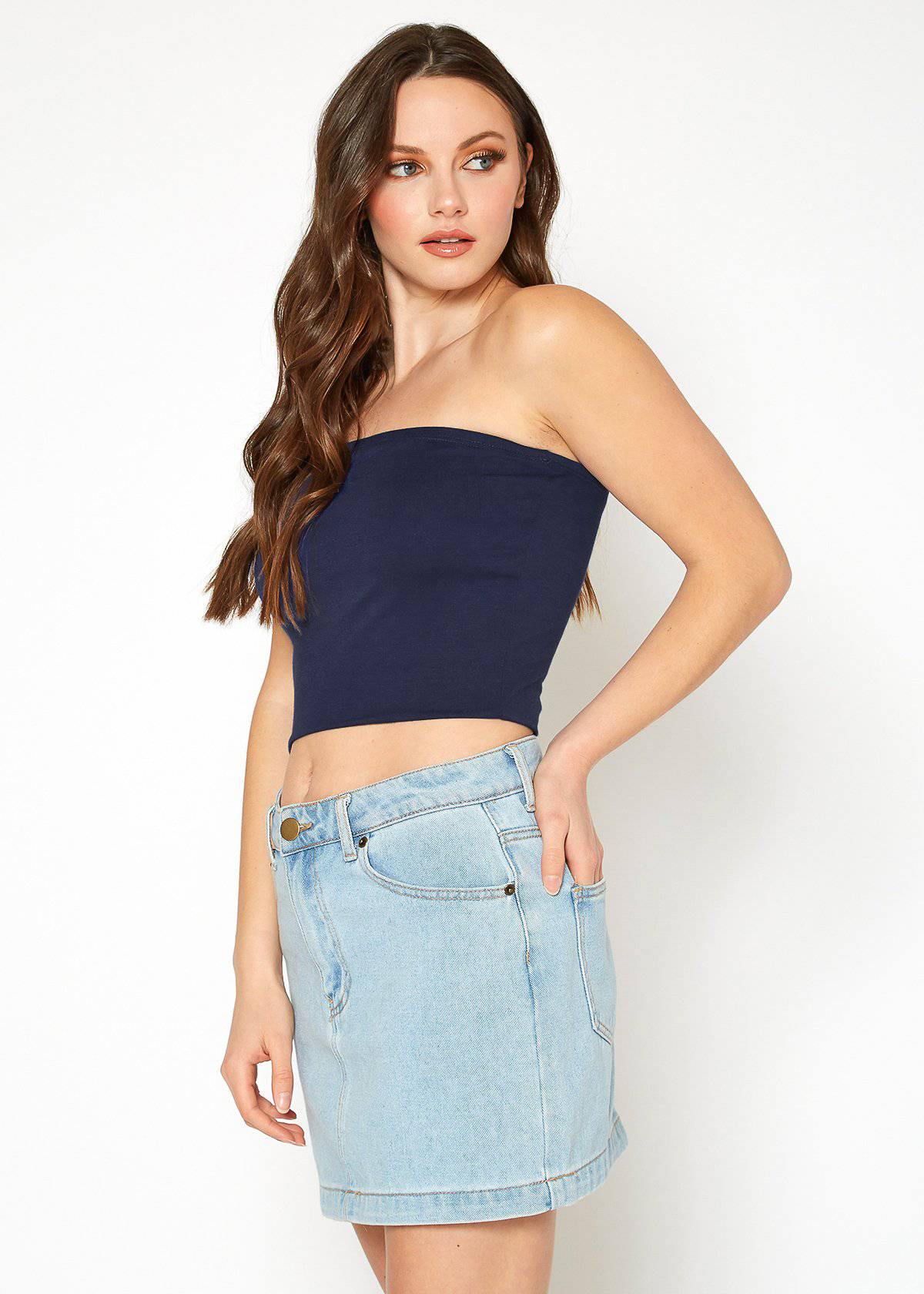 A stylish Women's Off Shoulder Cropped Tube Top in a soft fabric, showcasing its elegant off-shoulder design and cropped fit.