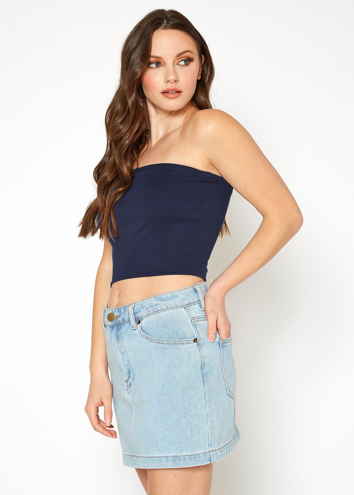 A stylish Women's Off Shoulder Cropped Tube Top in a soft fabric, showcasing its elegant off-shoulder design and cropped fit.