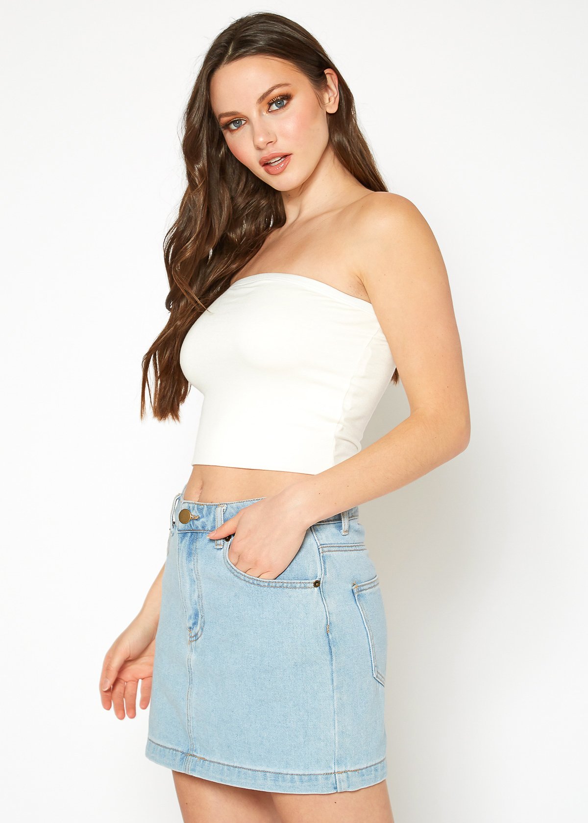 A stylish Women's Off Shoulder Cropped Tube Top in a soft fabric, showcasing its elegant off-shoulder design and cropped fit.