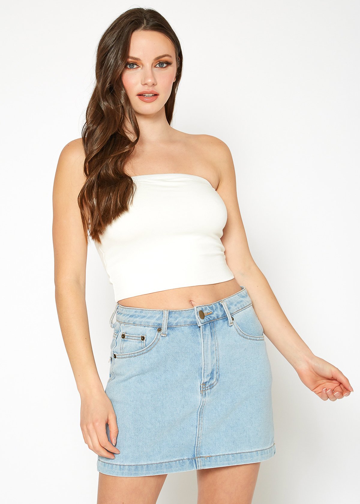 A stylish Women's Off Shoulder Cropped Tube Top in a soft fabric, showcasing its elegant off-shoulder design and cropped fit.