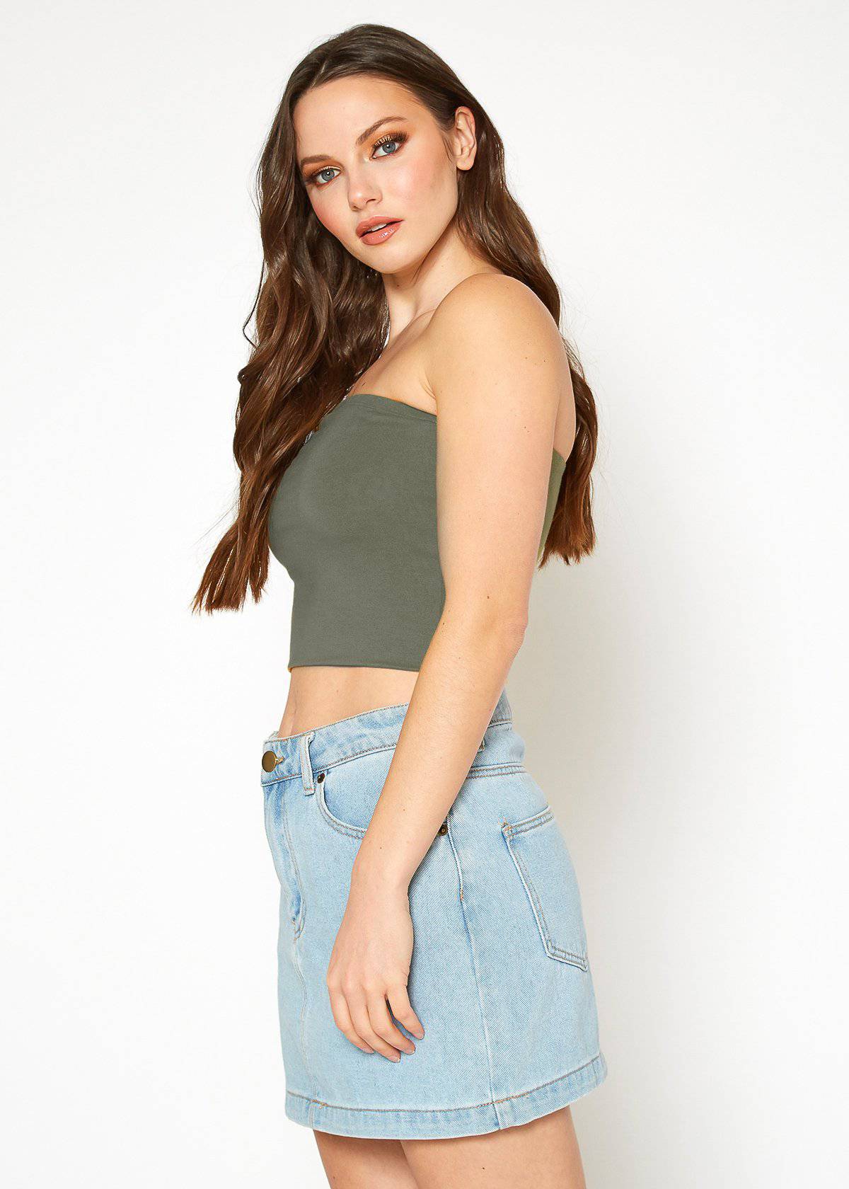 A stylish Women's Off Shoulder Cropped Tube Top in a soft fabric, showcasing its elegant off-shoulder design and cropped fit.