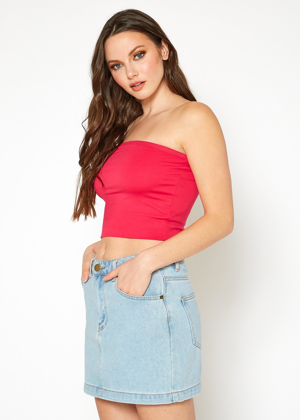 A stylish Women's Off Shoulder Cropped Tube Top in a soft fabric, showcasing its elegant off-shoulder design and cropped fit.