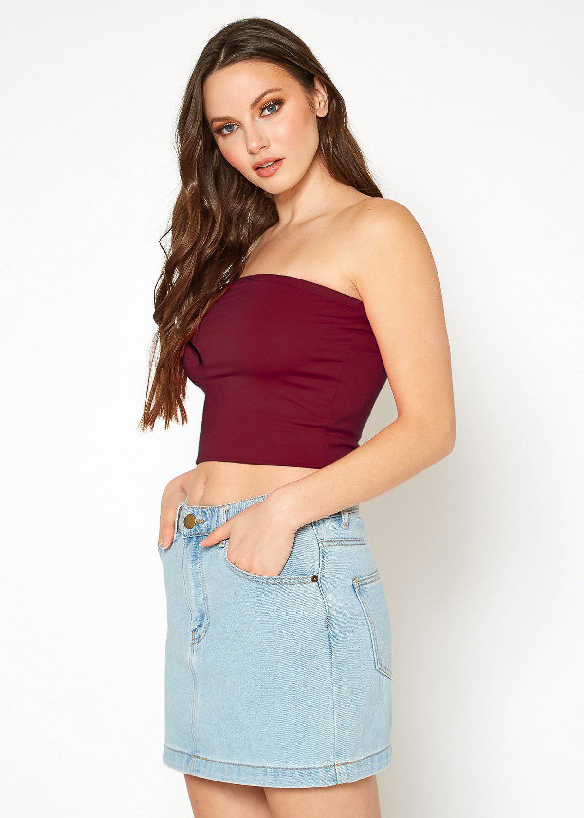 A stylish Women's Off Shoulder Cropped Tube Top in a soft fabric, showcasing its elegant off-shoulder design and cropped fit.