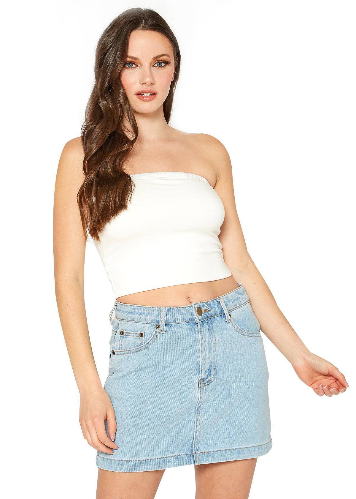 A stylish Women's Off Shoulder Cropped Tube Top in a soft fabric, showcasing its elegant off-shoulder design and cropped fit.