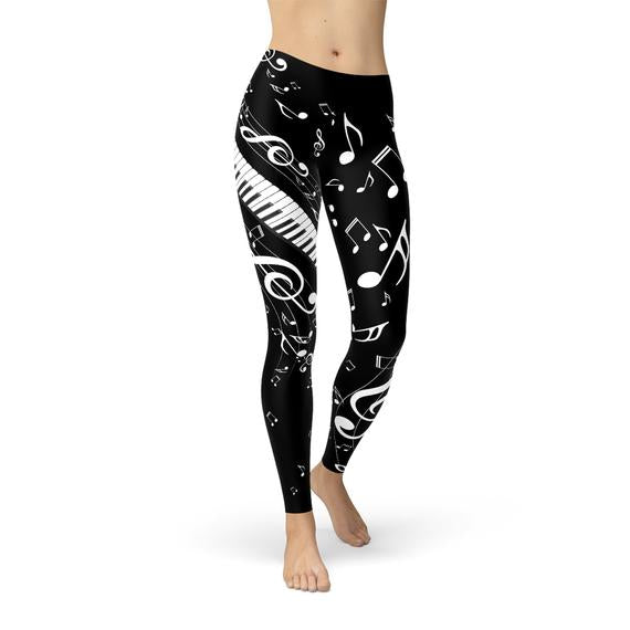 Womens Piano Notes Black Leggings featuring unique graphic design, perfect for workouts and casual wear.