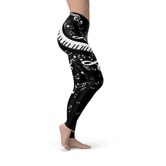 Womens Piano Notes Black Leggings featuring unique graphic design, perfect for workouts and casual wear.