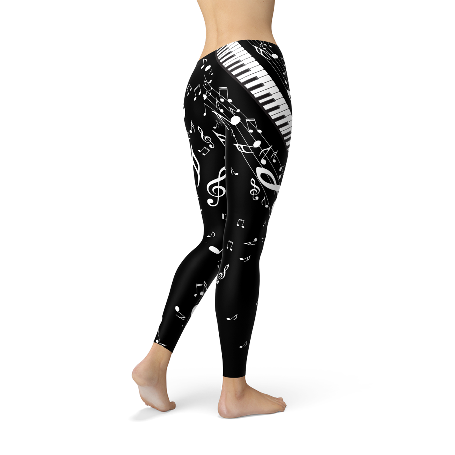 Womens Piano Notes Black Leggings featuring unique graphic design, perfect for workouts and casual wear.