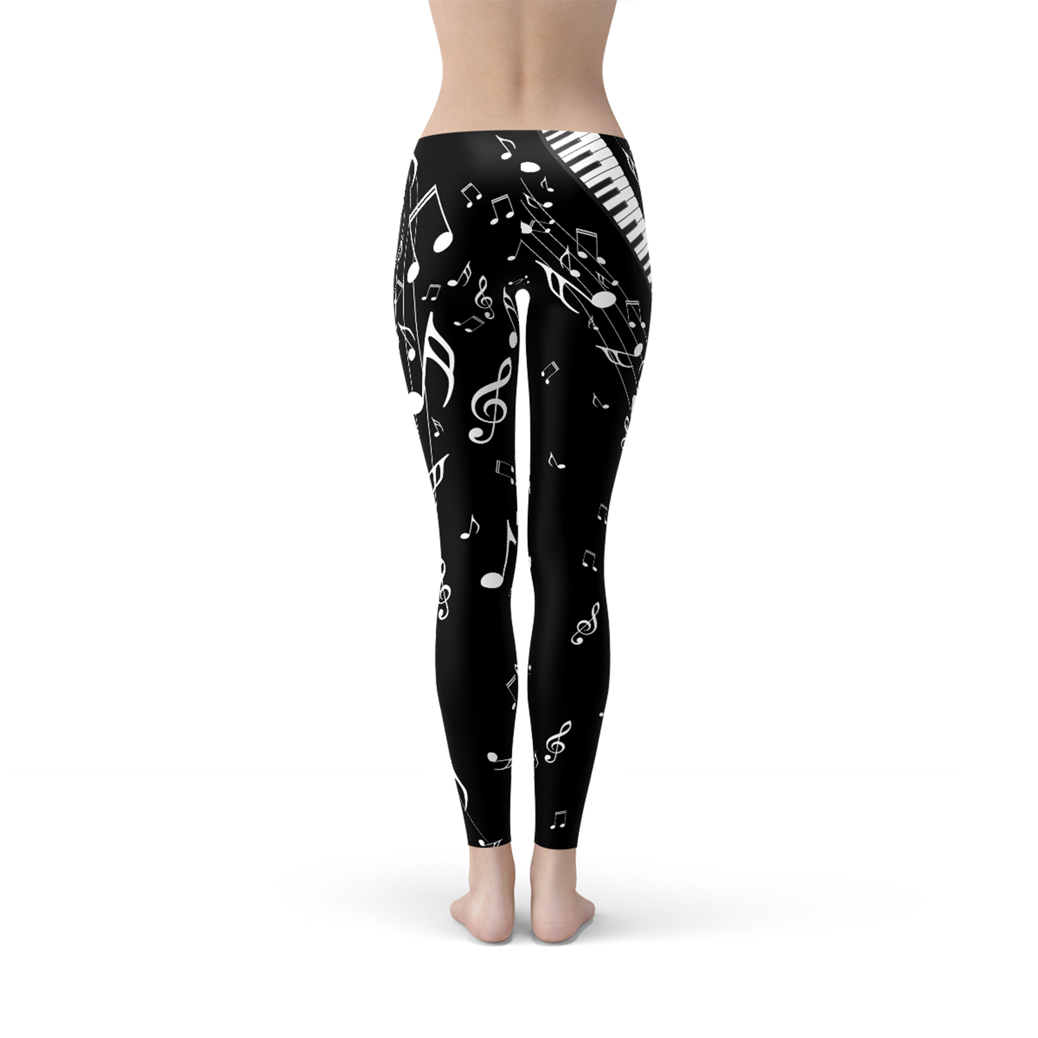 Womens Piano Notes Black Leggings featuring unique graphic design, perfect for workouts and casual wear.