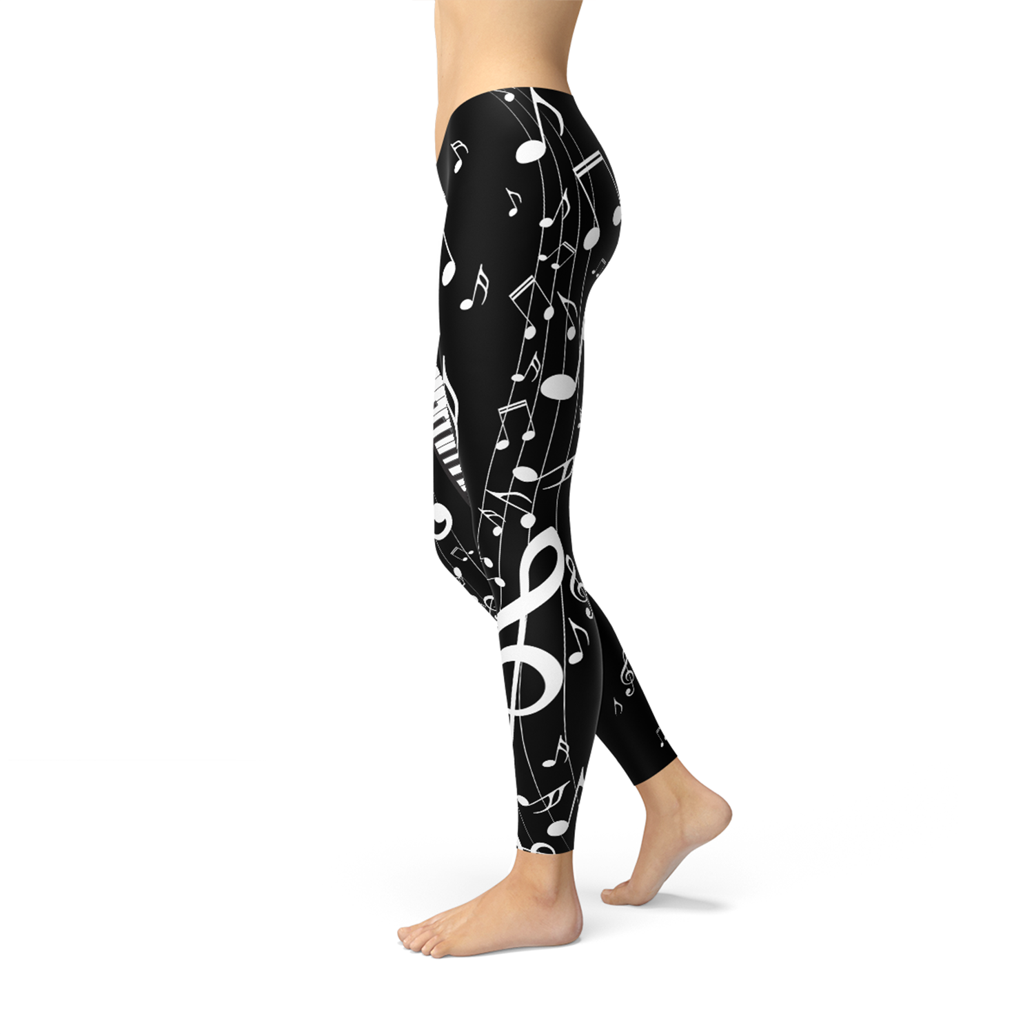 Womens Piano Notes Black Leggings featuring unique graphic design, perfect for workouts and casual wear.