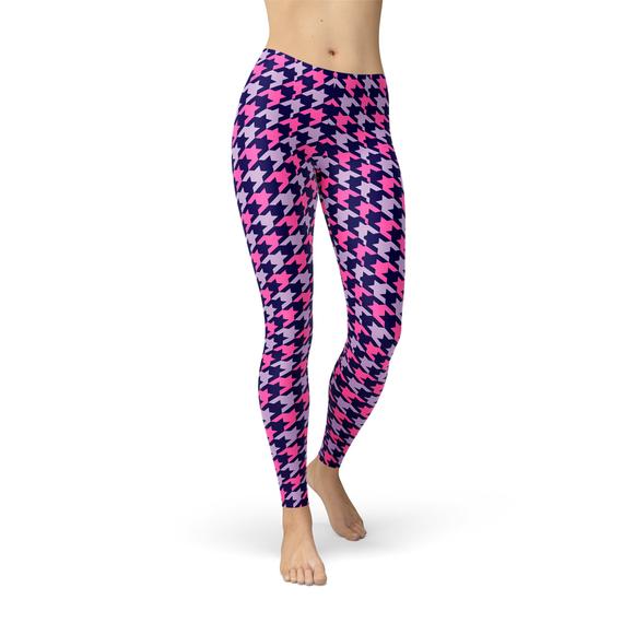 Womens Pink Purple Houndstooth Leggings showcasing a vibrant houndstooth pattern, perfect for workouts and casual wear.