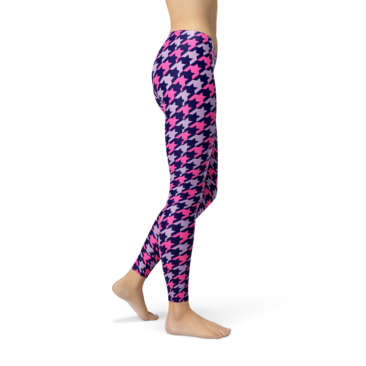 Womens Pink Purple Houndstooth Leggings showcasing a vibrant houndstooth pattern, perfect for workouts and casual wear.