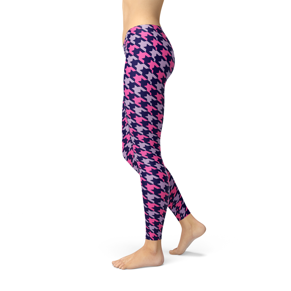 Womens Pink Purple Houndstooth Leggings showcasing a vibrant houndstooth pattern, perfect for workouts and casual wear.