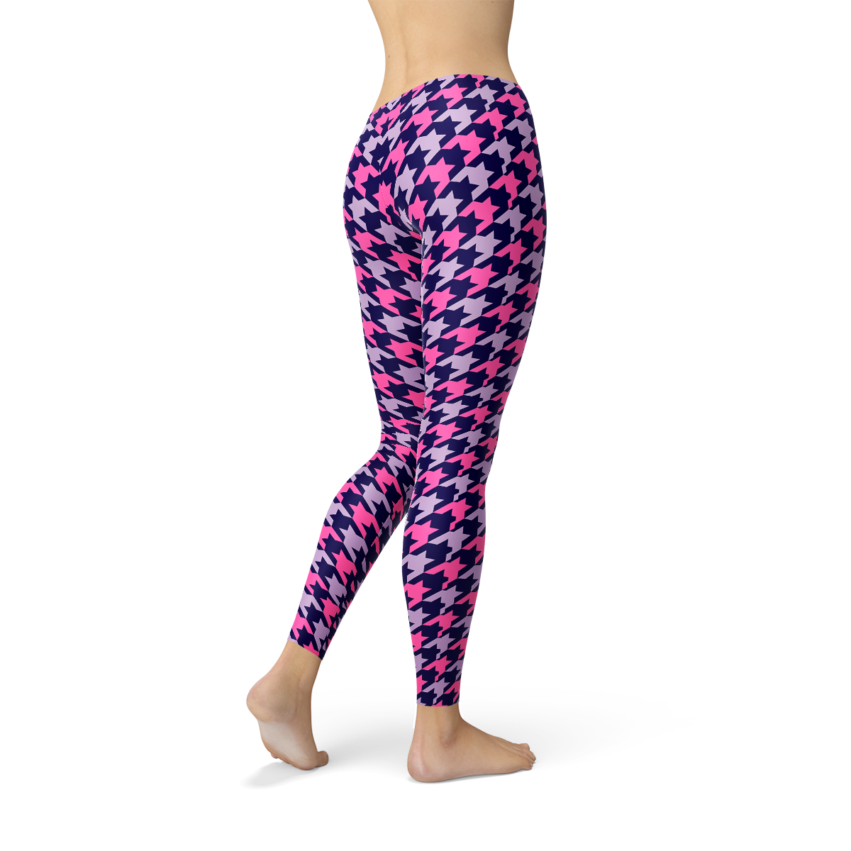 Womens Pink Purple Houndstooth Leggings showcasing a vibrant houndstooth pattern, perfect for workouts and casual wear.