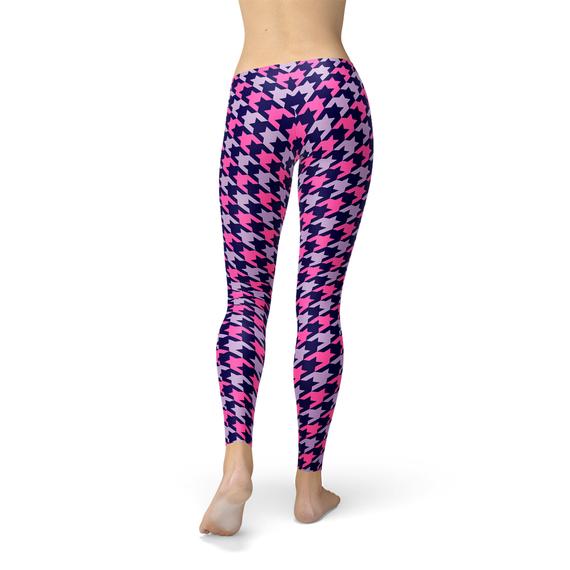 Womens Pink Purple Houndstooth Leggings showcasing a vibrant houndstooth pattern, perfect for workouts and casual wear.